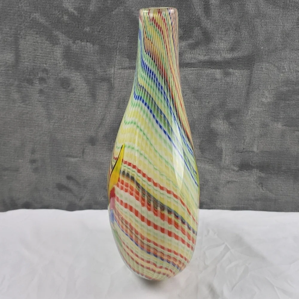 Vintage Murano Style Mid Century Vase Bright Color Lg Swirled Hand blown Glass